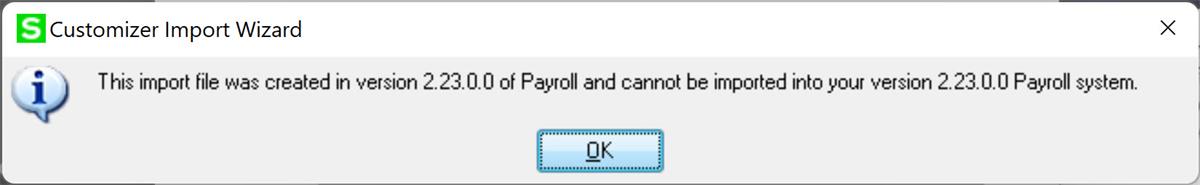 V/I Message indicates the file cannot be imported to the same P/R 2.23.0.0 level